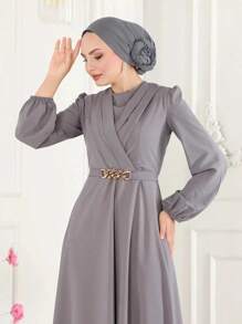 Women's Elegant Long Sleeve Round Neck Bishop Sleeve Arabic Style Dress With Wrap Detail And Zipper Spring - Grey - View 3