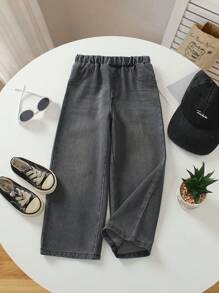 1件装年轻男孩休闲阔腿牛仔裤，2025年春夏街头风格 - 深灰色 - 查看 3