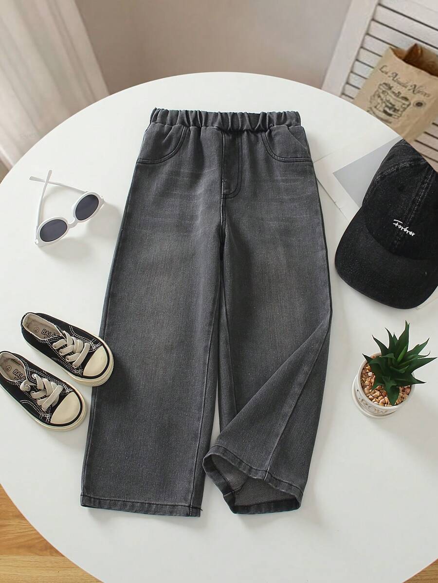 1 chiếc quần jeans ống rộng rách dáng casual cho bé trai, phong cách đường phố, hàng mới về mùa hè 2026. - Màu xám đen - Xem 1