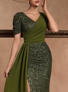 Vestido feminino elegante, de alta qualidade, com lantejoulas, contas, decote em V, manga curta, charmoso e luxuoso para coquetéis, vestido de noite formal com fenda alta e cauda de sereia, artesanato delicado (pesado), para convidadas de casamento - Verde Azeitona - Ver 7