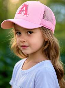 1pc Kid's 26 Alphabet Baseball Cap, Fashion Versatile Casual Sun Hat,Pink Mesh Breathable Trucker Cap, Suitable For Girls Back To School Daily Outfit, Gift