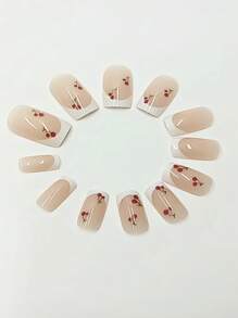 24pcs French Style Cherry Blossom Design Press-On False Nails Set With Nail File And Nail Glue