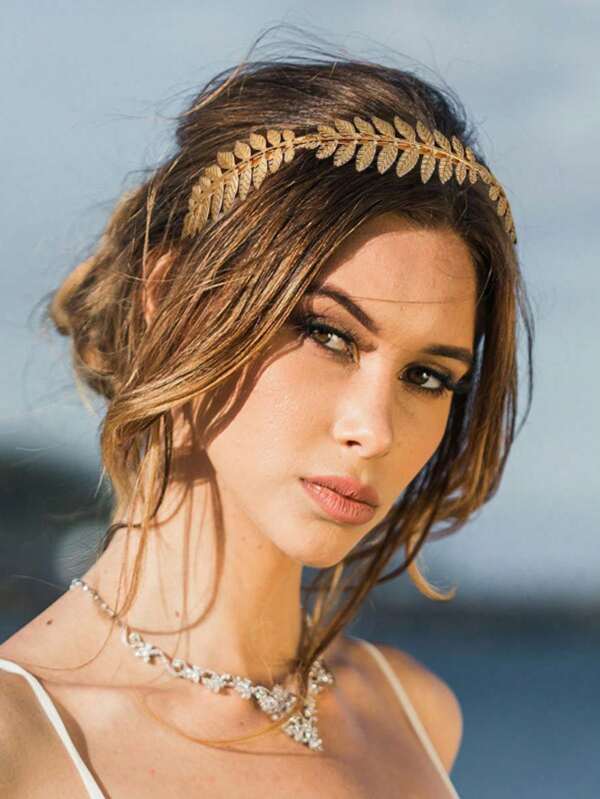 2/3pcs Metal 3D Leaf Shape Hair Clip, Golden Hair Hoop Suitable For Bride, Parties, Festivals