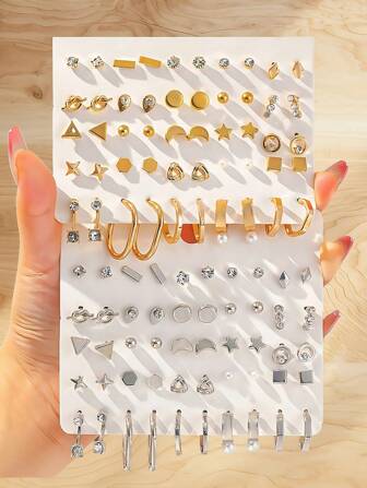 50 件/套时尚爱心、蝴蝶、月亮 CCB 几何 C 形水钻耳钉套装，日常佩戴或送礼