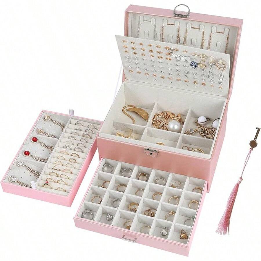 Earring Jewelry Box For Women Girl Stud Organizer, 5 Layers Girl Jewelry Organizer Box With Lock Earring Holder Organizer Necklace Ring Jewelry Organizer Box For Girls (Black)