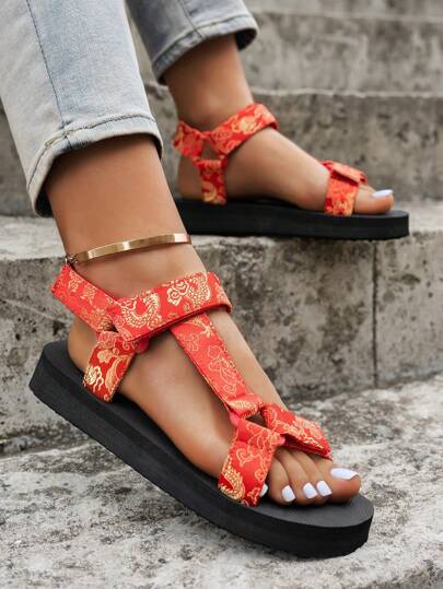 Women's Fashion Printed Flat Sandals, New Summer Thick Sole Hook And Loop Open Toe Outdoor Beach Sandals, Soft Bottom Comfortable Peep-Toe Breathable Sport Sandals