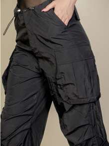 Women's Casual Boho Flap Pockets Drawstring Ruched Parachute Pants - 黑色 - 查看 6