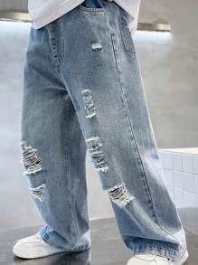 1 件装男童休闲破洞阔腿牛仔裤，适合春夏街头风格，适合 2-5 岁