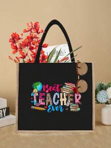 2 Pieces Teacher Appreciation Gift Set - Large Capacity Fashion Tote Bag With "Teacher" Print, Black Linen Coin Purse, Cosmetic Bag, Lining, And No Closure - Perfect For Educators And School Staff, Teacher's Thank-You Gift, Stylish Casual Accessories For Outings, Vacations, Daily Commute, Thank You Teacher Gifts - Black - View 18