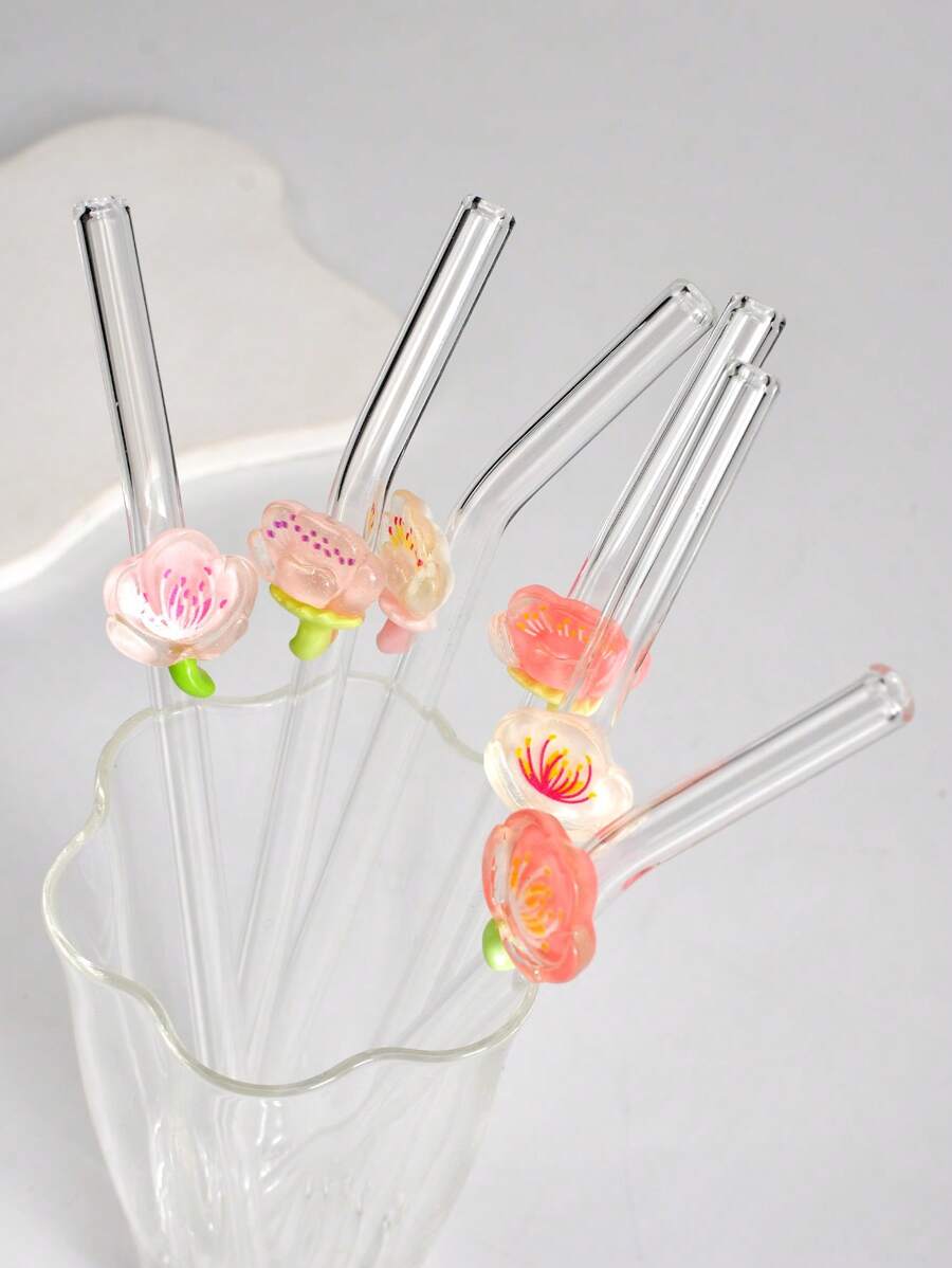 1 件/6 件花朵装饰玻璃吸管，适合饮用果汁、奶茶、咖啡、冷饮，弯曲吸管设计，学校用品，返校，送给女朋友、男朋友、父母、朋友的礼物
