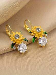 1 对优雅向日葵环状耳环，镶嵌闪亮水钻 - 迷人的合金时尚女士珠宝，适合日常佩戴和送礼 - 黃色 - 查看 1