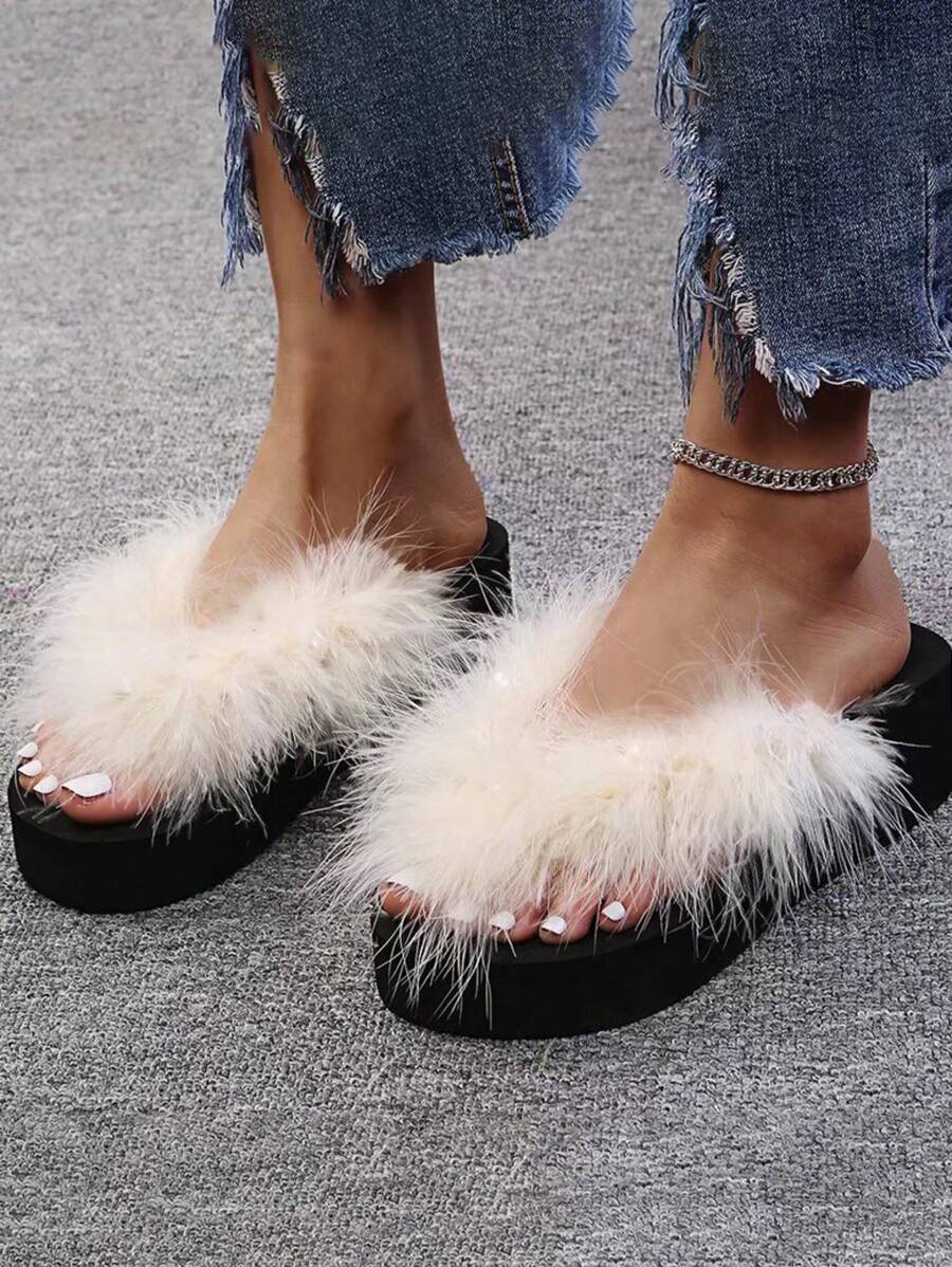 1 Pair White Fuzzy Pearl Decor Comfortable House Slippers - White - View 1