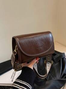 Vintage Chic Wide Strap Shoulder Square Bag - Stylish Solid Color Flap Crossbody Purse With Adjustable Strap For Women - Perfect For Daily Use And Travel - Coffee Brown - View 9