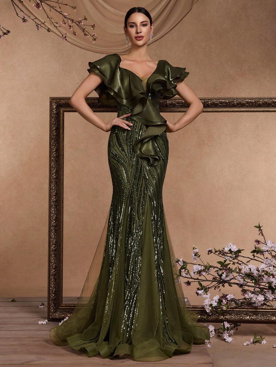 BluePlum Elegant Women Ruffle Sleeve Deep V Sparkle Sequin Fitted Formal Evening Gown, Sexy Backless Luxury Mermaid Prom Dress(Heavy Embroidery), Geometric Pattern Asymmetric Asymmetrical Sequin Splice Ruffle Hem, High Quality Stretchy Sequin Fabric, Suitable For Wedding, Party, Prom, Anniversary, Festival, Back To School, Spring/Summer, For Wedding Guest - Màu xanh Ô liu - Xem 1