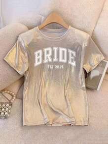 French Fashionable Elegant Mermaid Bride Wedding Season Shiny Letter Print Short Sleeve T-Shirt - Gold - View 1