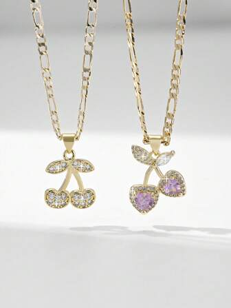 1pc 2025 Classic Elegant Hypoallergenic Zirconia Encrusted 14K Gold Plated Embossed Large/Small Cherry Pendant Necklace, Suitable For Mother/Valentine's Day Partner/Friend/Godparent Gift, Catholic First Holy , Daily/Festive Wear & Prayer