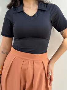 Women's Polo Neck Blouse Suplex Modal Wandinha V-Neck Sleeve Baby Look - Black - View 7