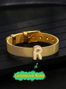 1pc European And American Fashion Popular Customize Name Letter Decor Watch Strap Bracelet For Boys Girls Street Party Unisex Jewelry For Festival & Birthday Gift For Daily Life - Gold - View 7