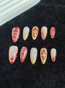 10 Stuks Puur Handgemaakte Draagbare Nail Art Met Een Eenvoudig Gesmudged Slangenpatroon, Gouden Spiegelpoederlijnen. Ze Zijn Geschikt Voor Dagelijks Gebruik En Kunnen Bij Verschillende Stijlen Passen. Ze Kunnen Als Cadeau Aan Vrienden Gegeven Worden En Kunnen Herhaaldelijk Worden Gedragen.