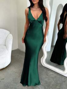 Look Polly Women's Solid Color Elegant Sexy V-Neck Silk Maxi Dress, Suitable For Weddings, Autumn, Back To School Occasions