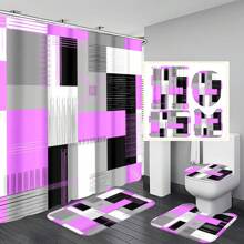1pc/4pcs Geometric Art Color-Blocking Bathroom Decoration Waterproof Shower Curtain, With 12 Hooks, Bath Mat, U-Shaped Floor Mat, And Toilet Lid Cover, Bathroom Set For Full Scenario