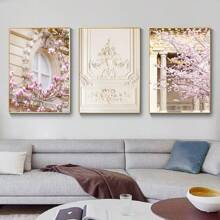 3 件粉色樱花春巴黎风景玫瑰牡丹帆布墙艺术画浪漫图片海报装饰 - 酒紅色 - 查看 1