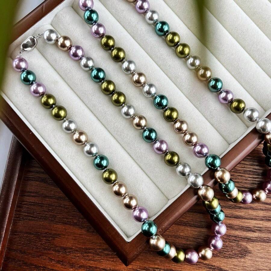 1 Piece 10mm High Luster Round Morandi Peacock Green Artificial Crystal Pearl Necklace, Autumn/Winter Bohemian Vintage Style Women Fashion Choker Necklace, Versatile For Daily Wear, Valentine's/Mother's Day Gift