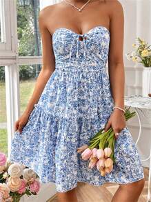 Women Y2K Mini Dress Floral Print Tie-Up Front Tube Dress Summer Fashion Casual Strapless Dress
