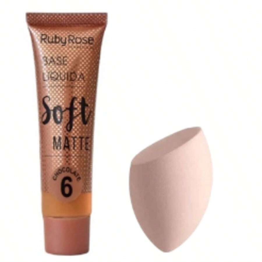 KIT Liquid Foundation Soft Matte Beige Ruby Rose HB8050+1PC Facial Sponges For Makeup (Random COLORS) - Chocolate6 + Esponja (COR aleatorizadas) - Ver 1