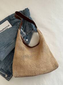 Summer Straw Shoulder Tote Bag With Free Small Bag - Coffee Brown - View 5