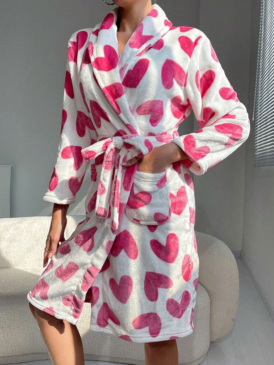 1 pieza Bata de baño para mujer, estilo simple de la UE y EE. UU. con mangas largas, estampado de corazón rosa, otoño/primavera, Navidad, forro polar cálido de terciopelo de coral, adecuado para estudiantes, estilo coreano de verano, decoración de vacaciones para el hogar y el baño, de vuelta a la escuela