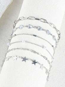 6pcs/1pc Elegant Fashion Copper Heart & Cubic Zirconia Star Charm Bracelets Set, Suitable For Daily Wear & Gifts