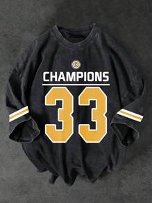 男士水洗复古印花图案 T 恤，带数字 33，简约设计，休闲街头风套头 T 恤，黑色 - 黑色 - 查看 1