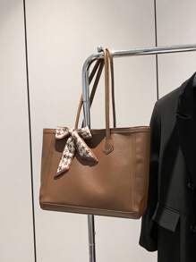 围巾装饰新款复古大号纯色单肩托特包女包，时尚金属链带斜挎单肩包，多用途双手柄休闲托特包单肩手提包，女士百搭工作包