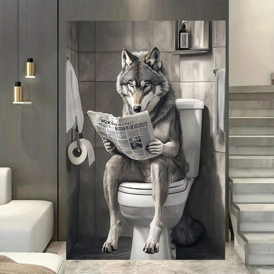 Framed Funny Cute Bathtub Toilet Wolf Look Newspaper Print Picture Poster Animal Lover Whimsical Bathroom Toilet Wolf Canvas Painting Wall Art Home Bathroom Room Decor Aesthetics, Creative Home Decoration, High Quality Decorative Posters, Dormitory, Gym, Bar, Cafe, Arcade, Room Living Room Wall Decoration Painting, Perfect Gift.