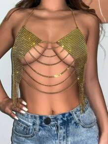 1pc Metal Chain Hollow Tassel Pendant Necklace,Fashion Exaggerated Elegant Women Shirt Chain - Gold - View 2