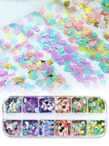 Set de 12 compartimentos con lentejuelas con forma de cabeza de conejo de color macarrón, adornos coloridos tipo copos de nieve de Pascua para manualidades, suministros y accesorios para decoración de uñas de primavera y verano