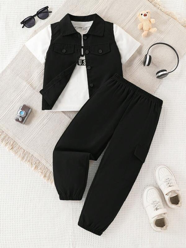 3pcs Young Boys Summer Set Vest, Letter Print Tee & Cargo Pants