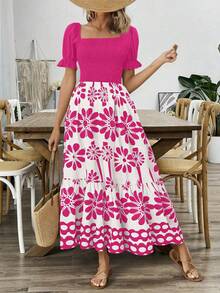 Women's Bright Floral Print Waist Splice Vacation Dress, Summer - Hot Pink - View 7