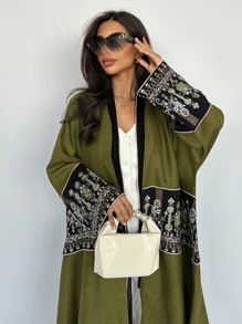High-End Custom Embroidered Dubai Abaya, Black Open-Front Loose Long Robe For Women, Modest Kaftan - Green - View 4