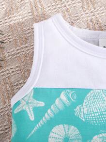 3pcs/Set Fashionable Baby Girl & Boy Shell Printed Top, Printed Shorts And Hat, Summer Outfit - Blue - View 4