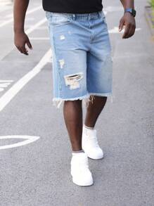 Plus Size Men's Bleached Distressed Denim Shorts, Light Blue Frayed Hem - Blue - View 3