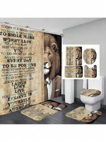 1pc/4pcs Lion Tiger Leopard Design Bathroom Decorative Waterproof Shower Curtain Set With 12 Hooks, Slip-Resistant Bathroom Mat, U-Shaped Toilet Mat And Round Toilet Lid Cover, Multi-Purpose Bathroom Set For All Scenes
