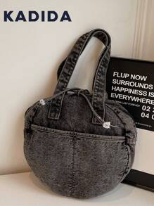 Women's Round Tote Bag, Versatile Casual Shoulder Handbag Large Capacity Denim Purse