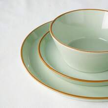 Famiware Saturn Dinnerware Sets, Plates And Bowls Sets For 4, 12 Pieces Stoneware Dish Set - Chip And Scratch Resistant, Microwave And Dishwasher Safe Tableware Set, Light Green With Brown Rim