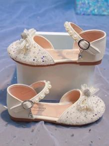 Sandalias planas con lazo y strass para niñas, de unicolor, zapatos de moda y para niños para el verano - Beis - Ver 6