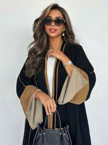 Women's Dubai Inspired Open Front Long Robe, Elegant Style With Stitching & Oversized Sleeves, Modest Kaftan - Brown - View 4