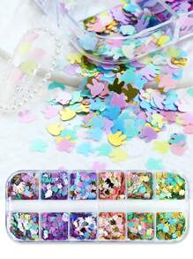 Set de 12 compartimentos con lentejuelas con forma de cabeza de conejo de color macarrón, adornos coloridos tipo copos de nieve de Pascua para manualidades, suministros y accesorios para decoración de uñas de primavera y verano