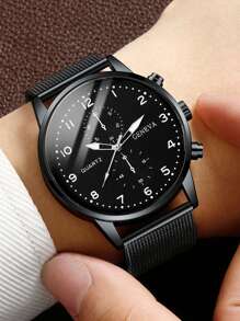 1 件装休闲男士石英表，简约圆形表盘，金属网状表带，男士最佳礼物，适合假日和日常佩戴