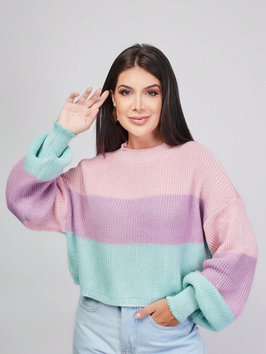 Striped Off-The-Shoulder Blouse Princess Sleeve Knit Warm Winter Fashion Blogger New2023 - Coral Pink - View 1